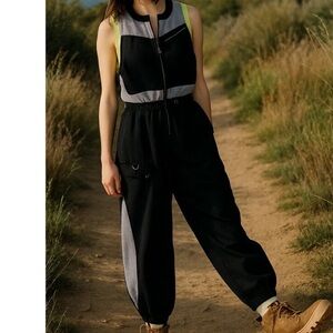 FP movement Free People inhale mesh detail Black and Gray Jumpsuit S small new